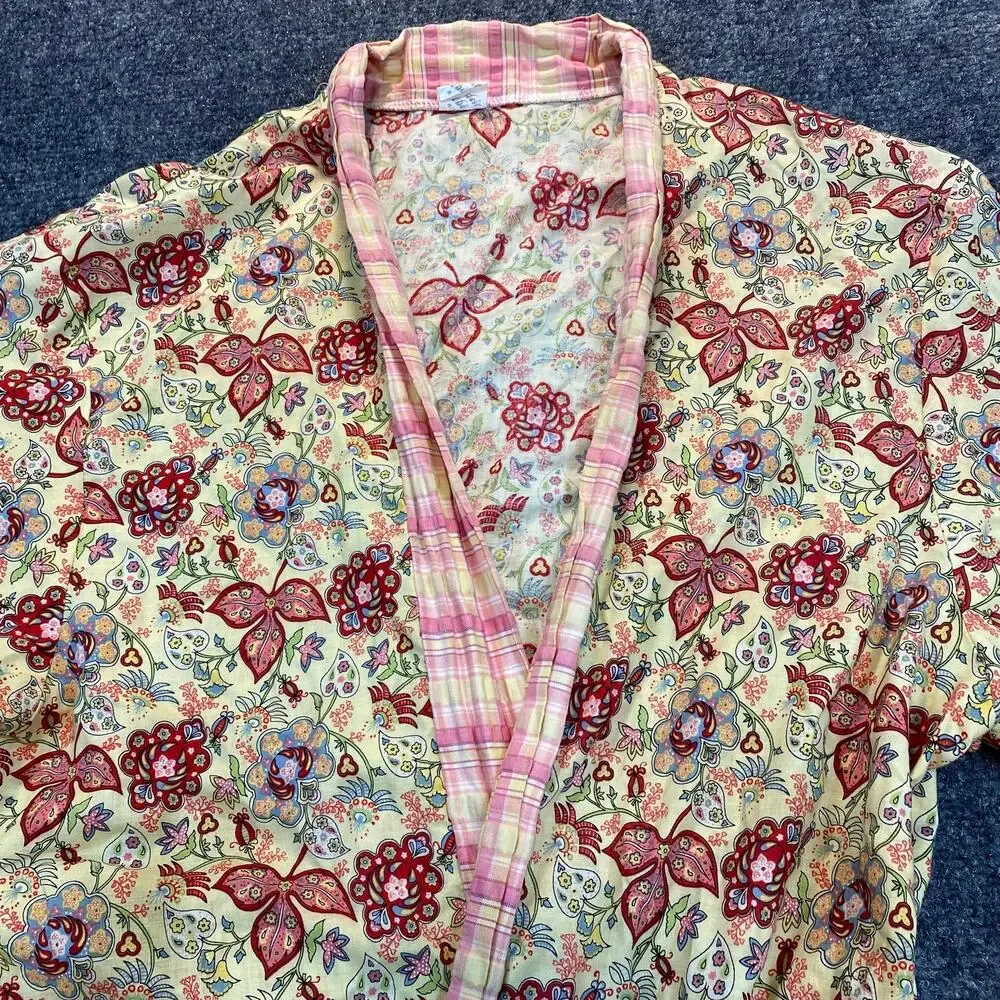 Vintage Boudoir Bebe Womens XL Pink Cream Red Floral Sleepwear Long Cotton Robe